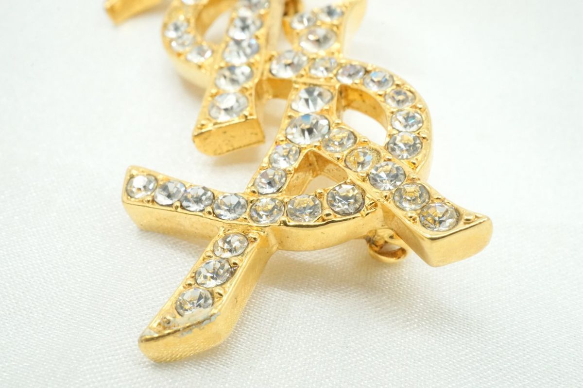 イヴ サンローラン ヴィンテージ YSLロゴ ブローチ ラインストーン装飾