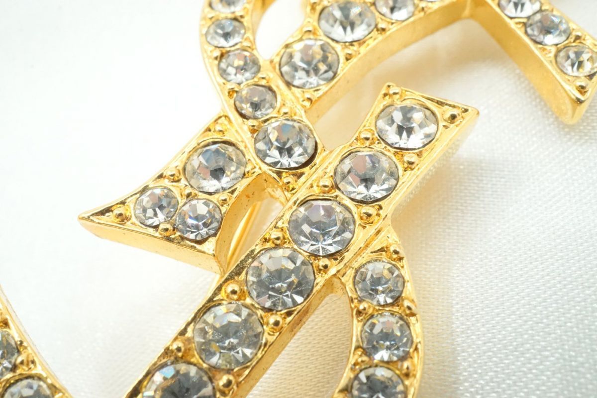 イヴ サンローラン ヴィンテージ YSLロゴ ブローチ ラインストーン装飾