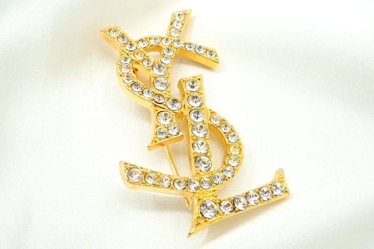 イヴ サンローラン ヴィンテージ YSLロゴ ブローチ ラインストーン装飾