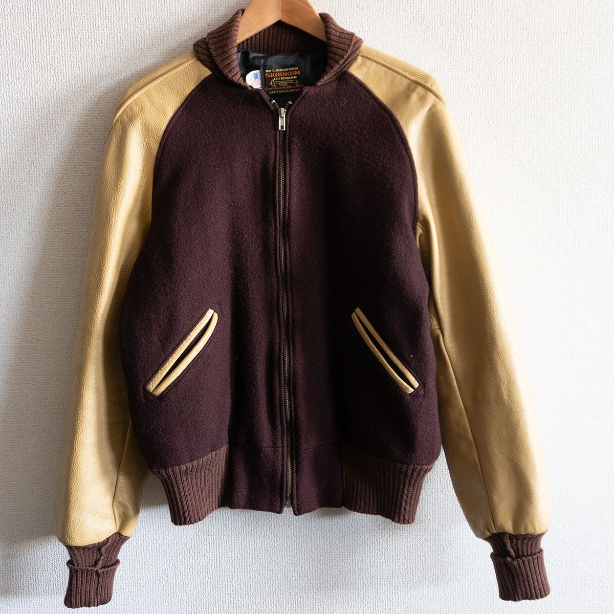 スクーカム、スタジャン、ブラウン、牛革 美品】SKOOKUM【メルトン×レザー スタジャン】40 スクーカム ブラウン