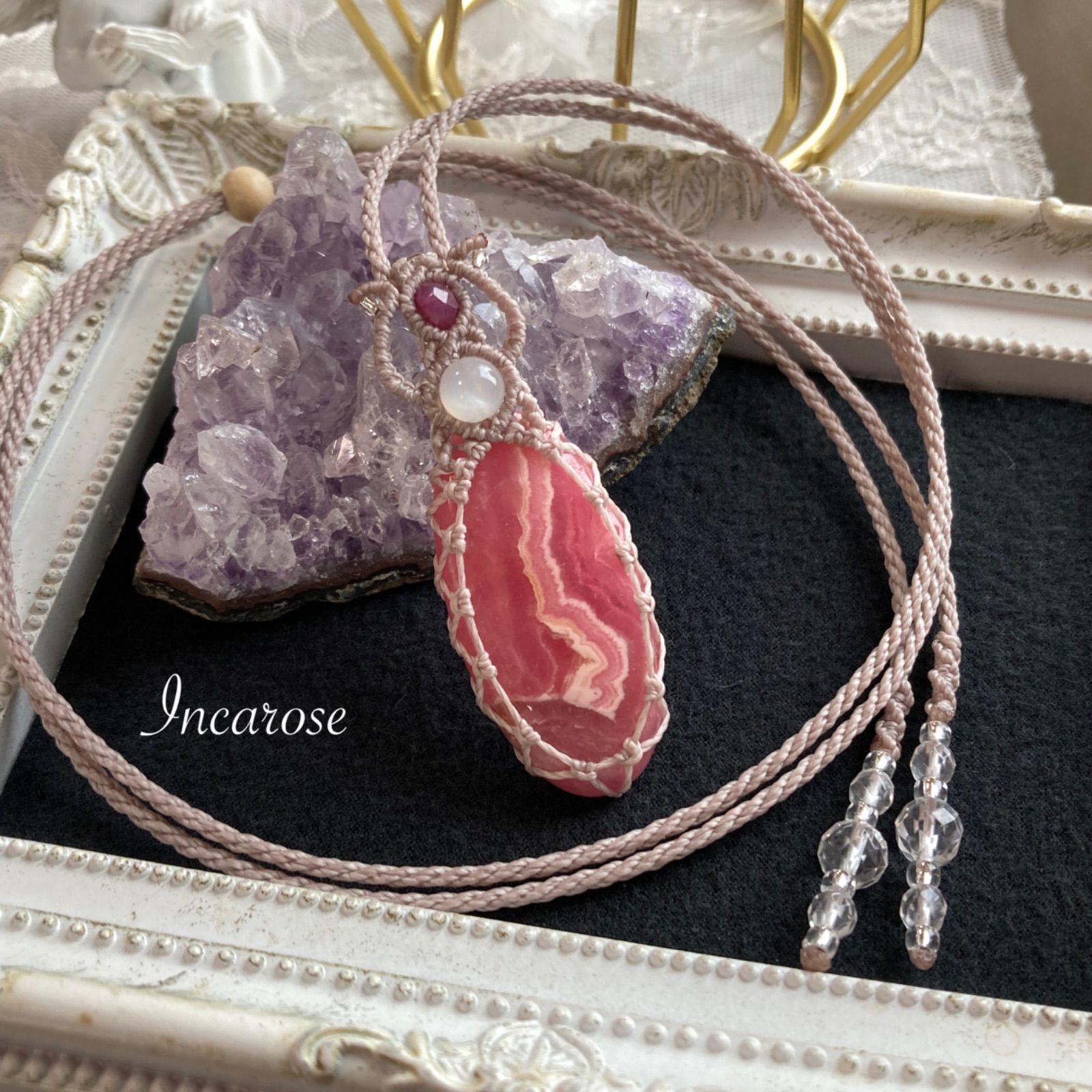 インカローズ　マクラメネックレス 楽天市場】ロードクロサイト（ペルー産） インカローズ マクラメ