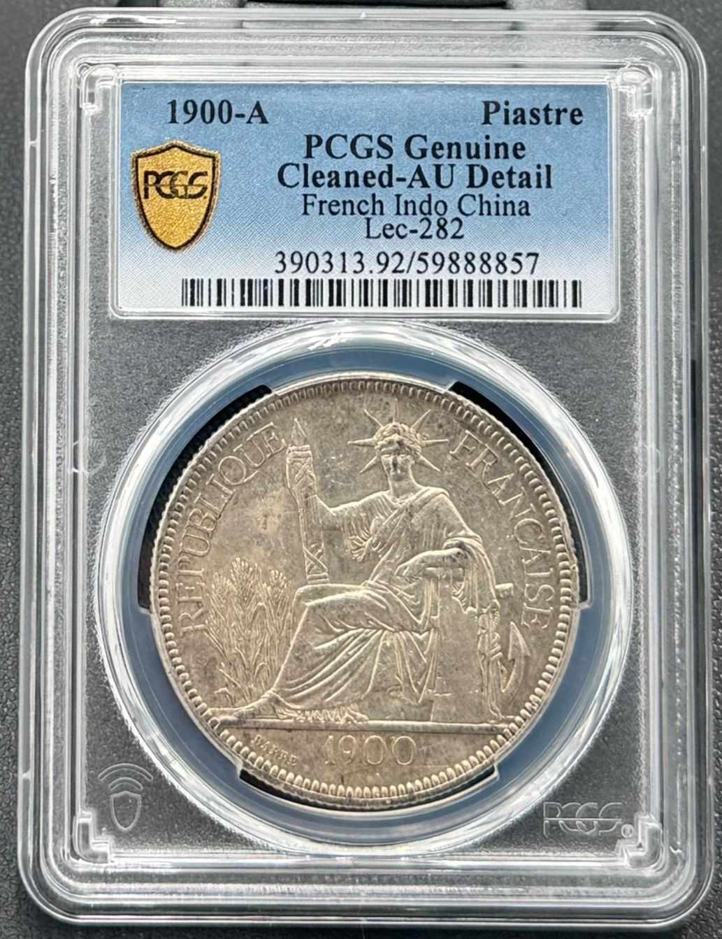 1900年 フランス領インドシナ 銀貨 1ピアストル 27グラム PCGS AU、Lec