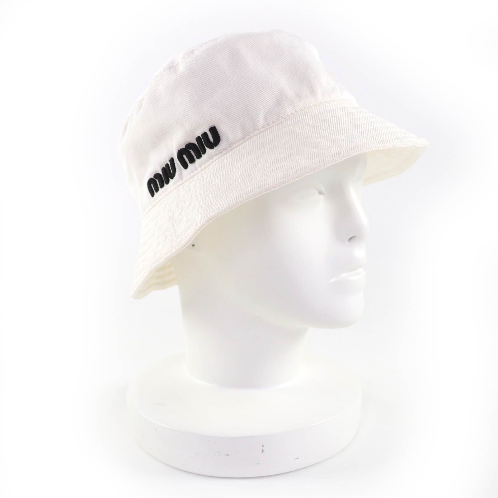 miu miu バケットハット ホワイトM 美品☆MIUMIU ミュウミュウ 5HC196 コットン100％ ロゴ刺繍 バケット