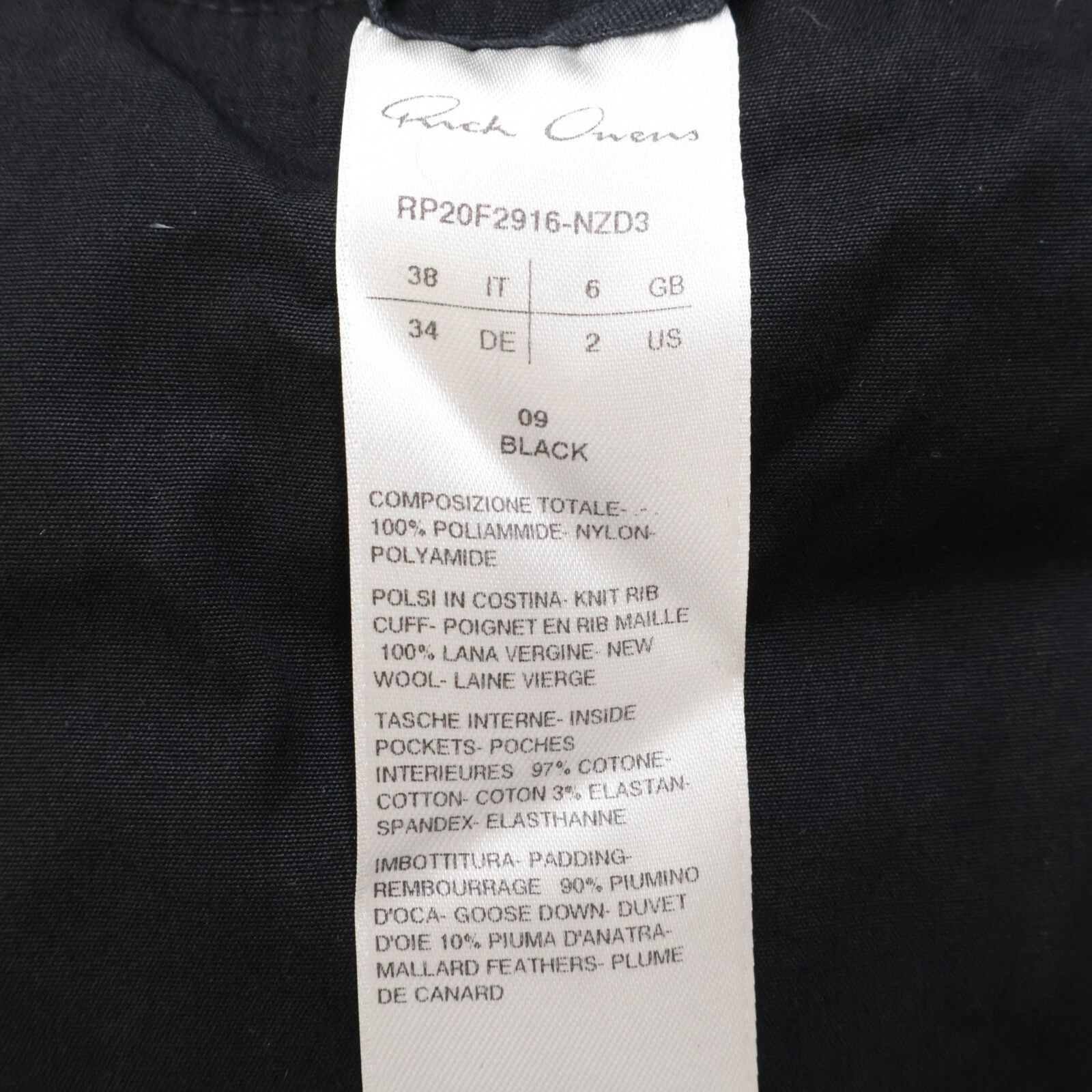 Rick Owens リックオウエンス 美品 国内正規 RP20F2916 ダウン 38IT  