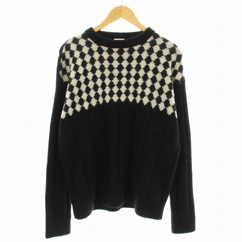 サンローラン パリ SAINT LAURENT PARIS 21AW ニット セーター 長袖 クルーネック アーガイル柄 ウール モヘヤ混 XL 黒 ブラック 白 ホワイト 665879 /KU