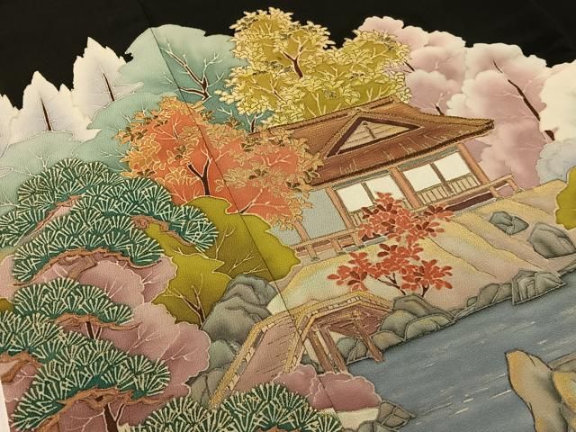 平和屋着物□豪華黒留袖 刺繍 手描き 風景文 金彩 正絹 逸品