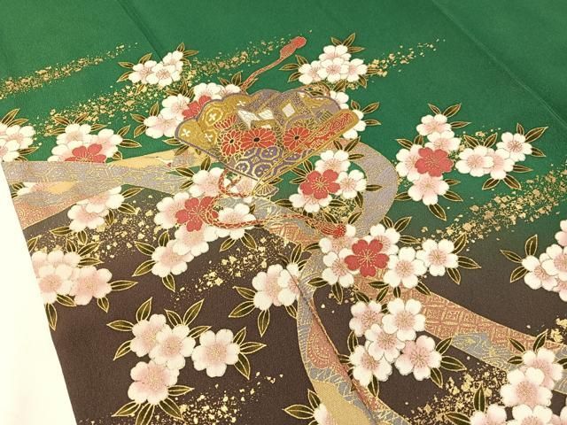 平和屋着物●豪華振袖　檜扇風景草花文　暈し染め　金銀彩　正絹　逸品　CAAZ8228vf 平和屋着物○豪華振袖 檜扇風景草花文 暈し染め 金銀彩