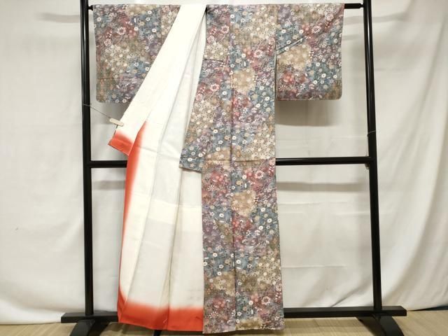 平和屋着物□上質な小紋 切嵌更紗枝花文 金彩 お召縮緬 正絹 逸品