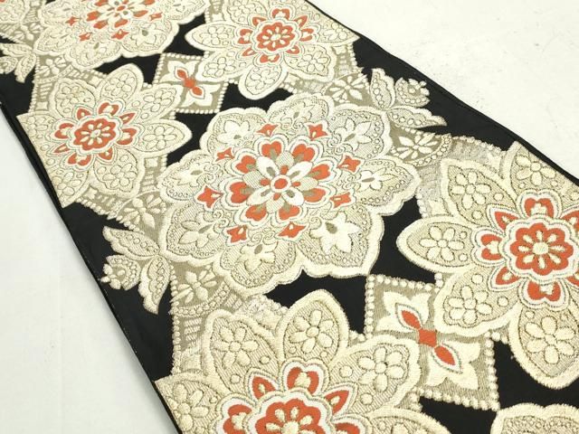 未使用・６通袋帯、市松地紋に正倉院柄、正絹　E93 平和屋着物◎六通柄袋帯 正倉院花文 黒地 金銀糸 正絹 逸品 DAAY4793qa