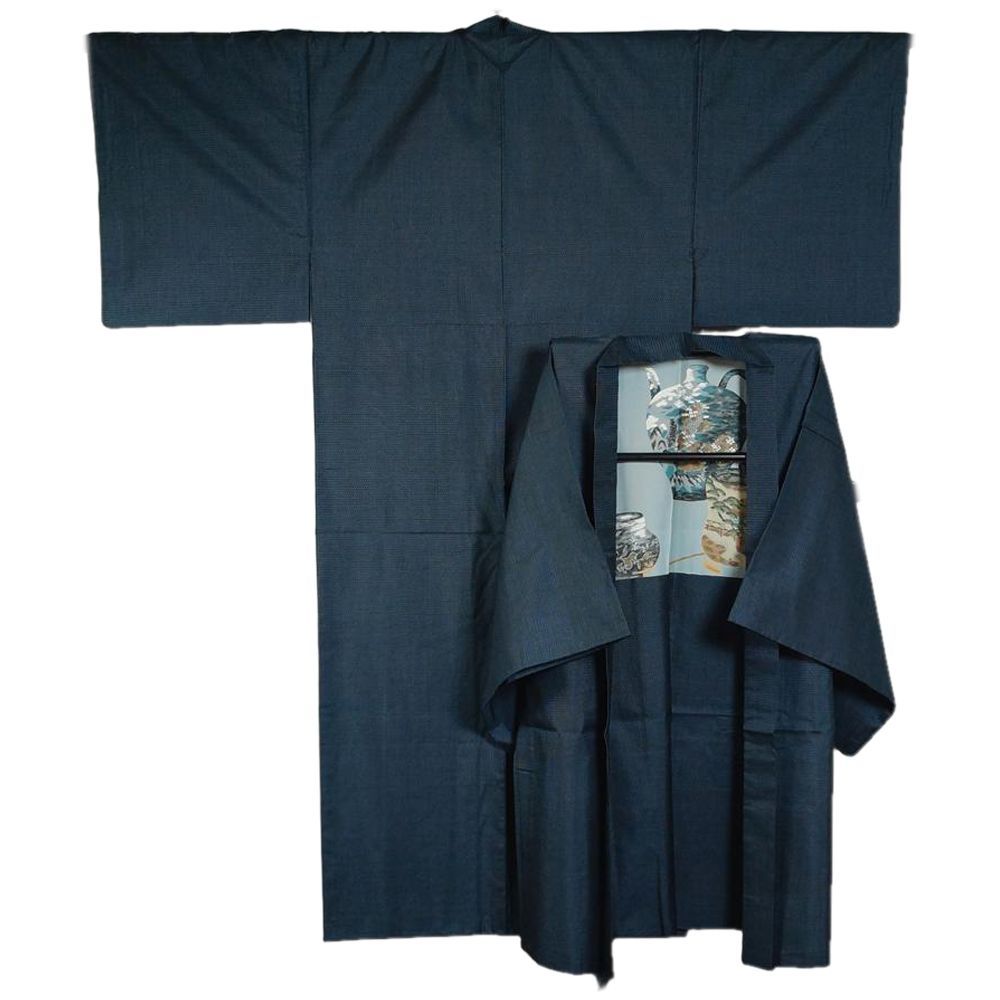 男着物 大島紬 アンサンブル 着物・羽織 亀甲模様 Lサイズ 藍染 【送料