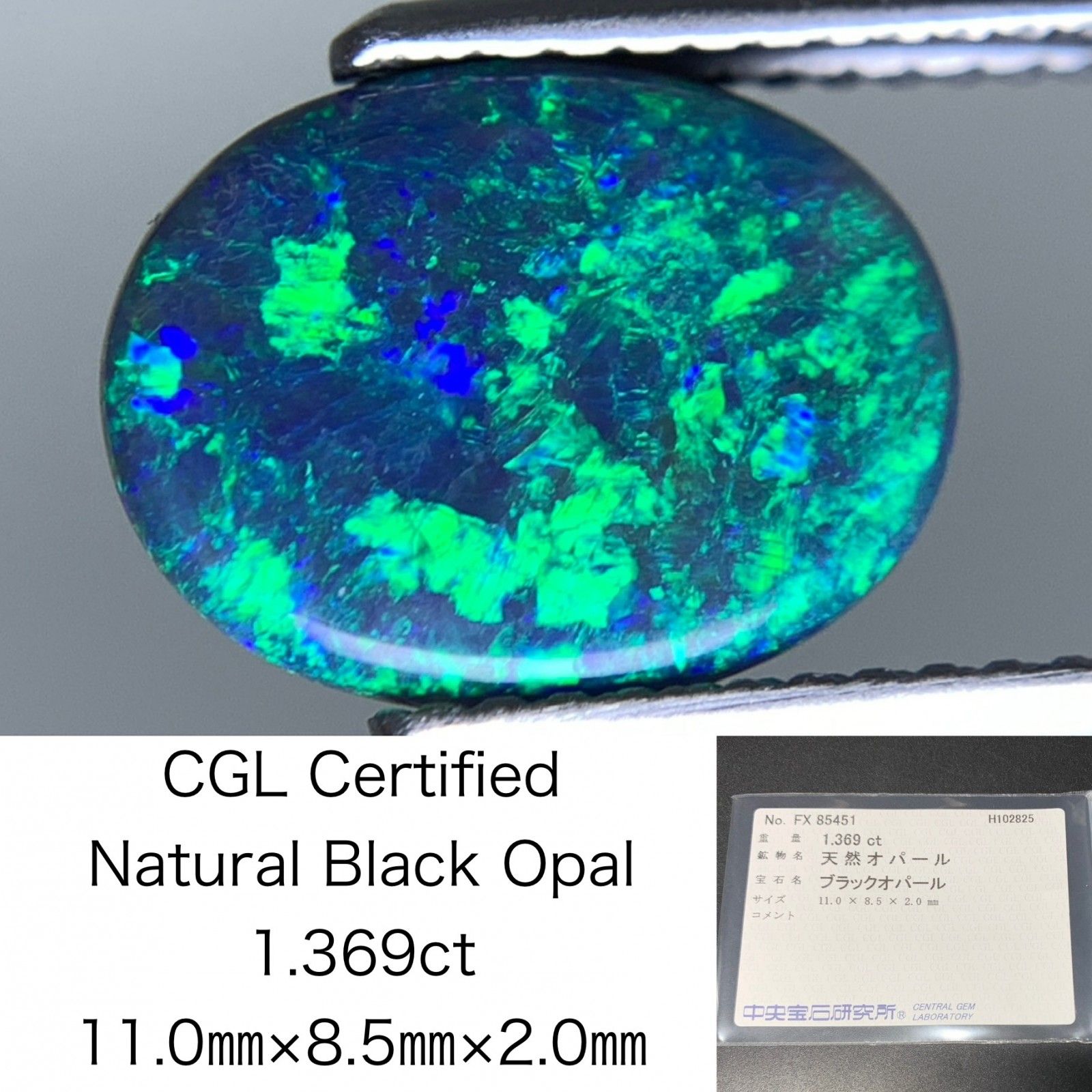 ブラックオパール 天然 1.369ct 中央宝石ソーティング付き 11.0㎜×8.5