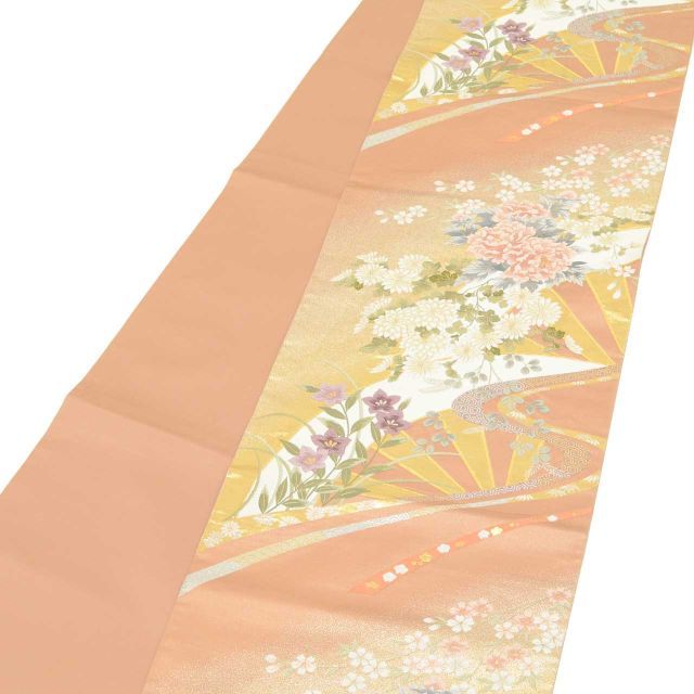 中古】 袋帯 正絹 リサイクル袋帯 仕立て上がり ピンク色系 扇 花文様