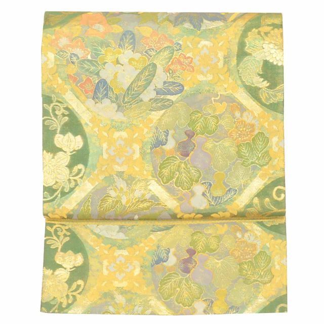 中古】 袋帯 正絹 リサイクル袋帯 仕立て上がり 緑色系 草花文様 振袖