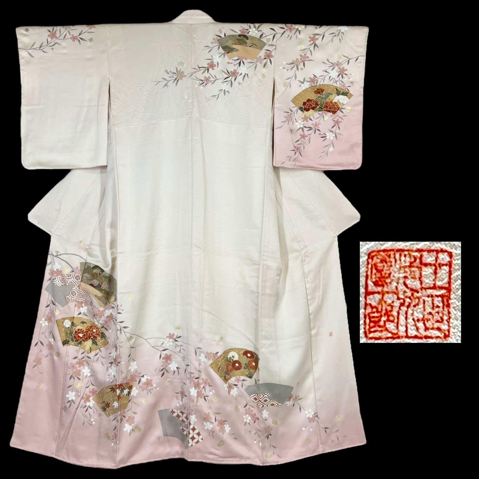 訪問着➕長襦袢フルセット　着物　正絹　ピンク　花　金　手刺繍　Ｈ10 訪問着フルセット 着物 正絹 訪問着➕長襦袢フルセット 着物 正絹