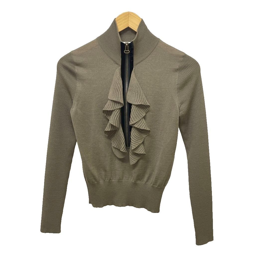 ランバン LANVIN ウール ニット フリル ハーフジップ 長袖 S グレー系