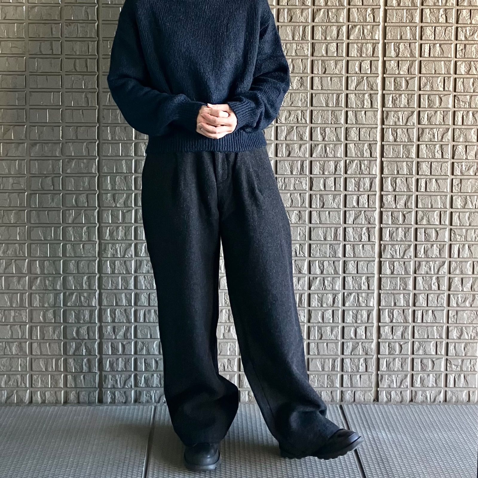 美品 Vlas Blomme コルトレイクリネン使用のウールリネンパンツ サルエル ロングパンツ ブラック系 日本製 ユニセックス 2サイズ