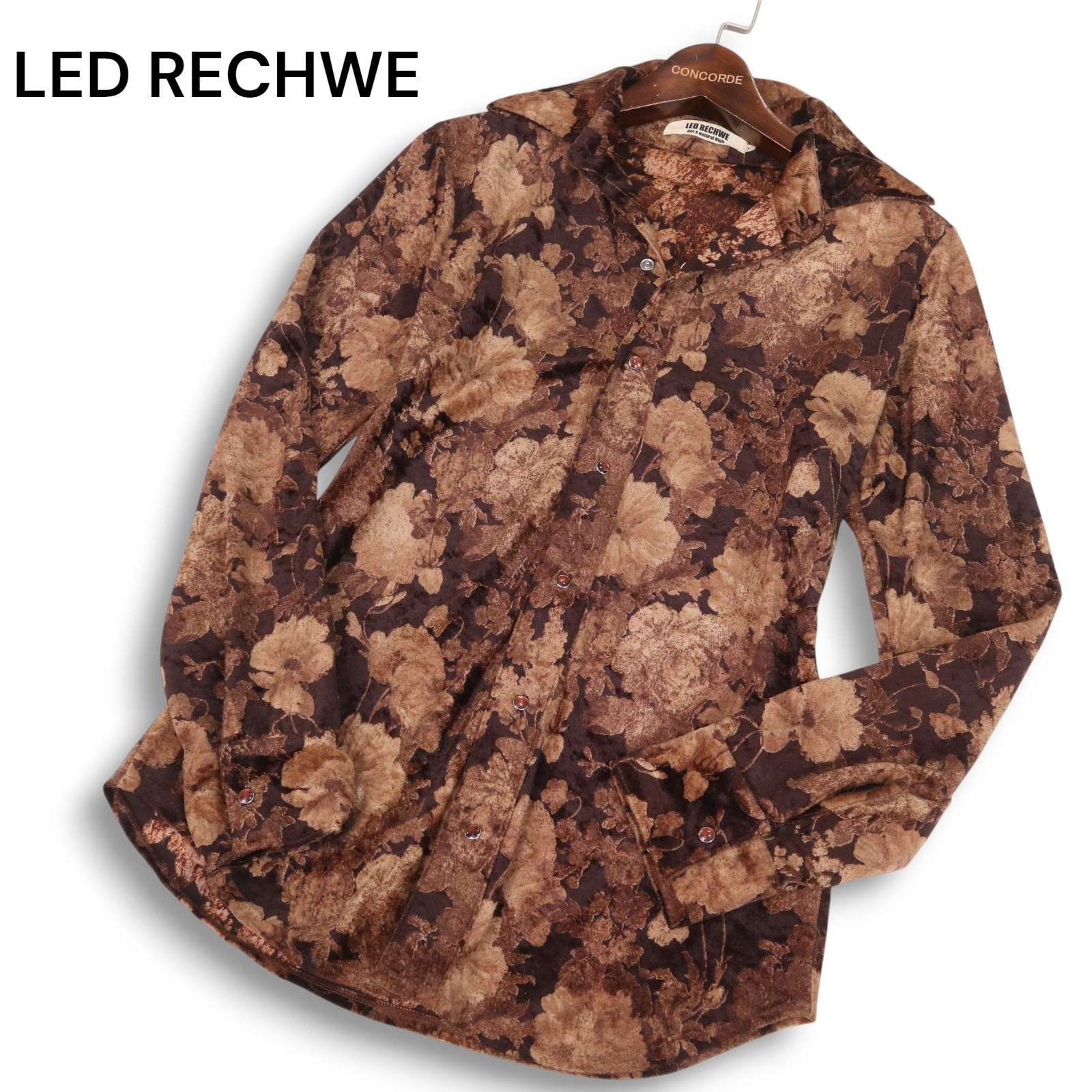 Y2K 00s LED RECHWE レッドリーチュエ 秋冬 花柄 フローラル総柄 長袖 ベロア シャツ Sz.S メンズ 日本製