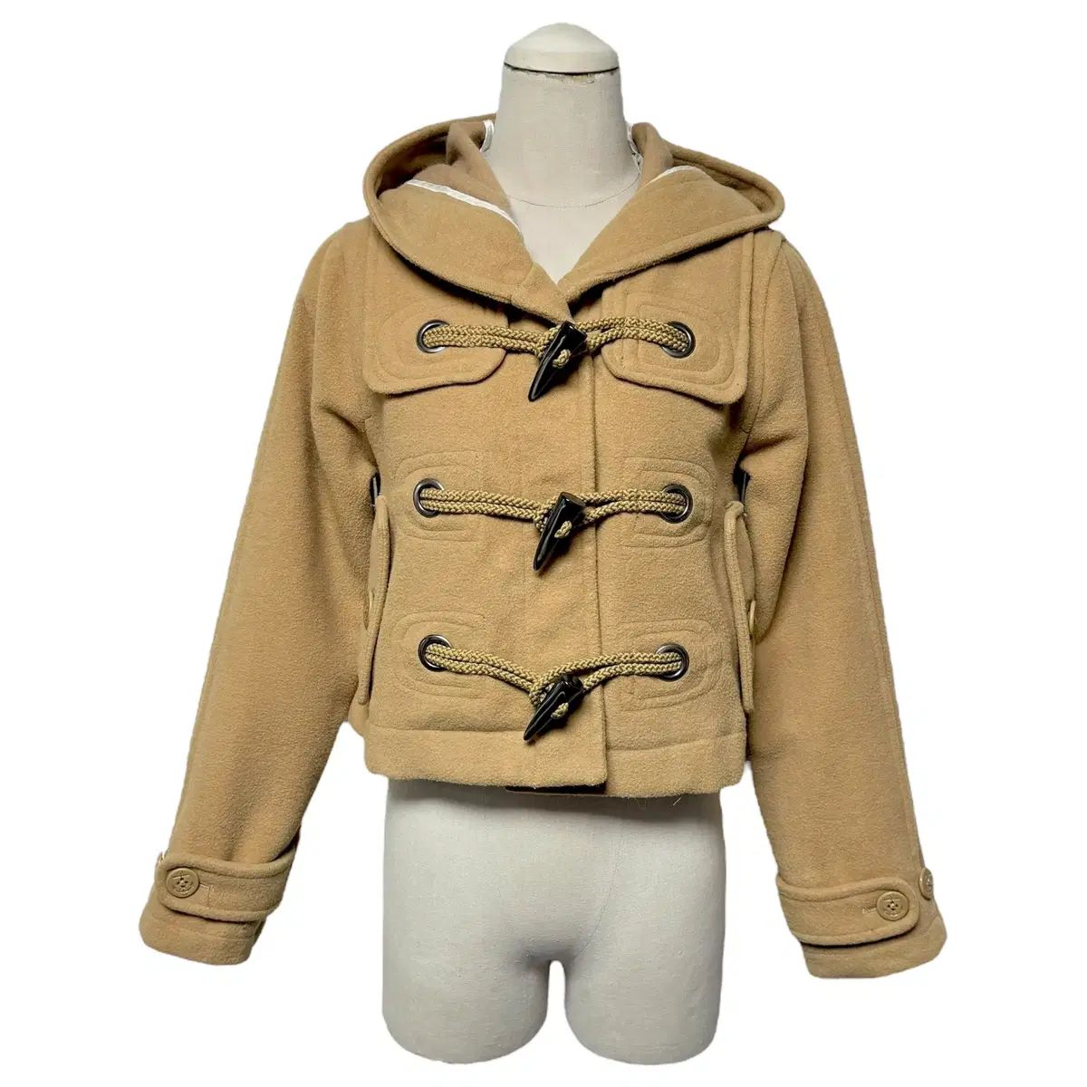 3692 ブラウン クロップド フード ダッフルコート トグルボタン