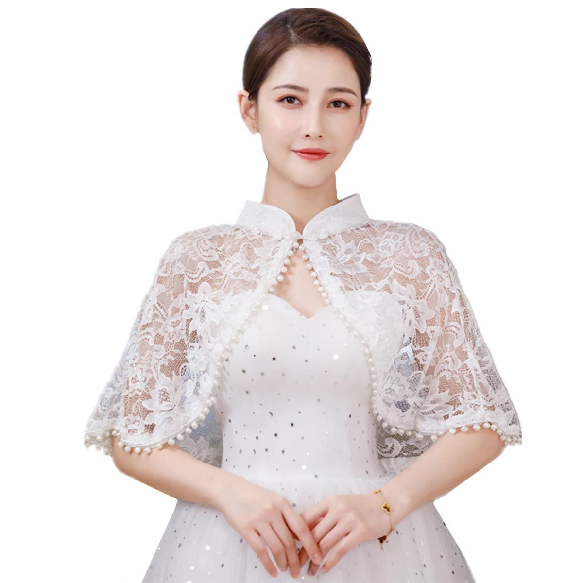 Getrays] レディース レース ショール、ホワイト 刺繍の花柄 真珠