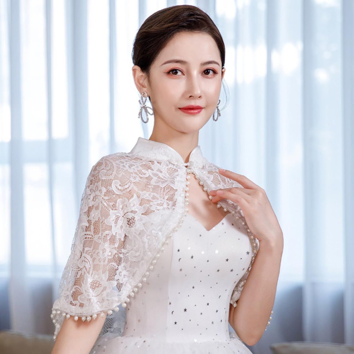 Getrays] レディース レース ショール、ホワイト 刺繍の花柄 真珠