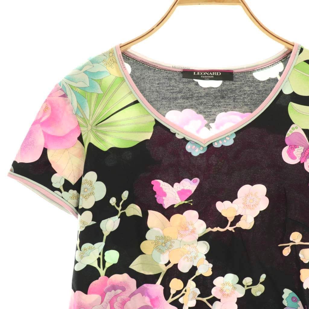 レオナール LEONARD ファッション 花柄 Vネック 半袖 カットソー T