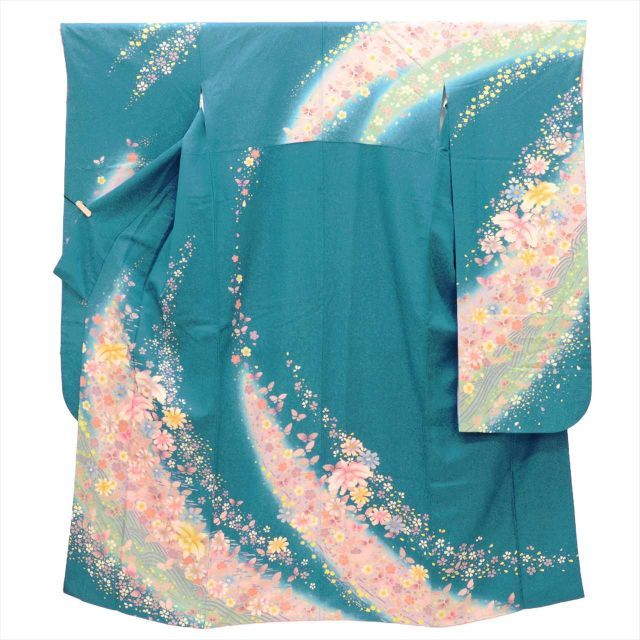 中古】 振袖 長襦袢 セット 正絹 身丈157.5cm M 裄66cm 青色系 花文様
