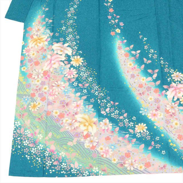 中古】 振袖 長襦袢 セット 正絹 身丈157.5cm M 裄66cm 青色系 花文様