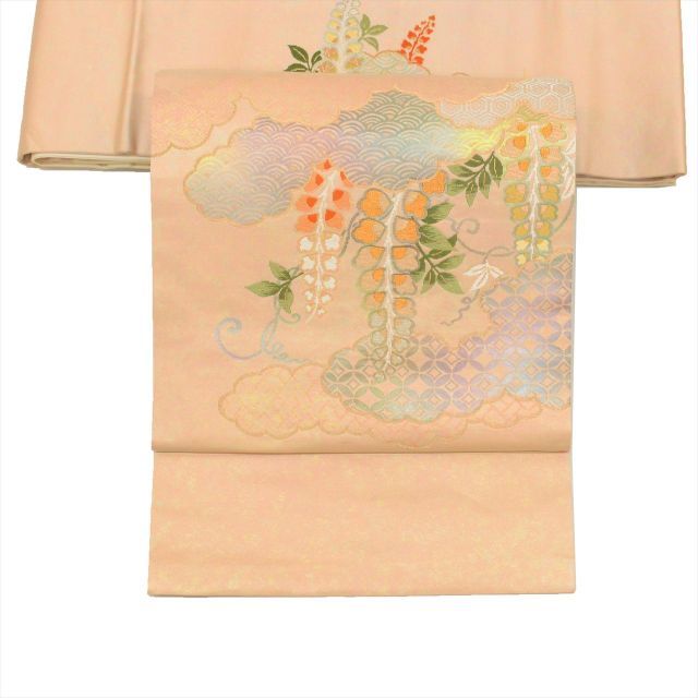 【新品未使用品】お仕立てあがり綸子象柄名古屋帯・正絹 中古】 名古屋帯 正絹 仕立て上がり 九寸 リサイクル帯 ピンク色系 藤