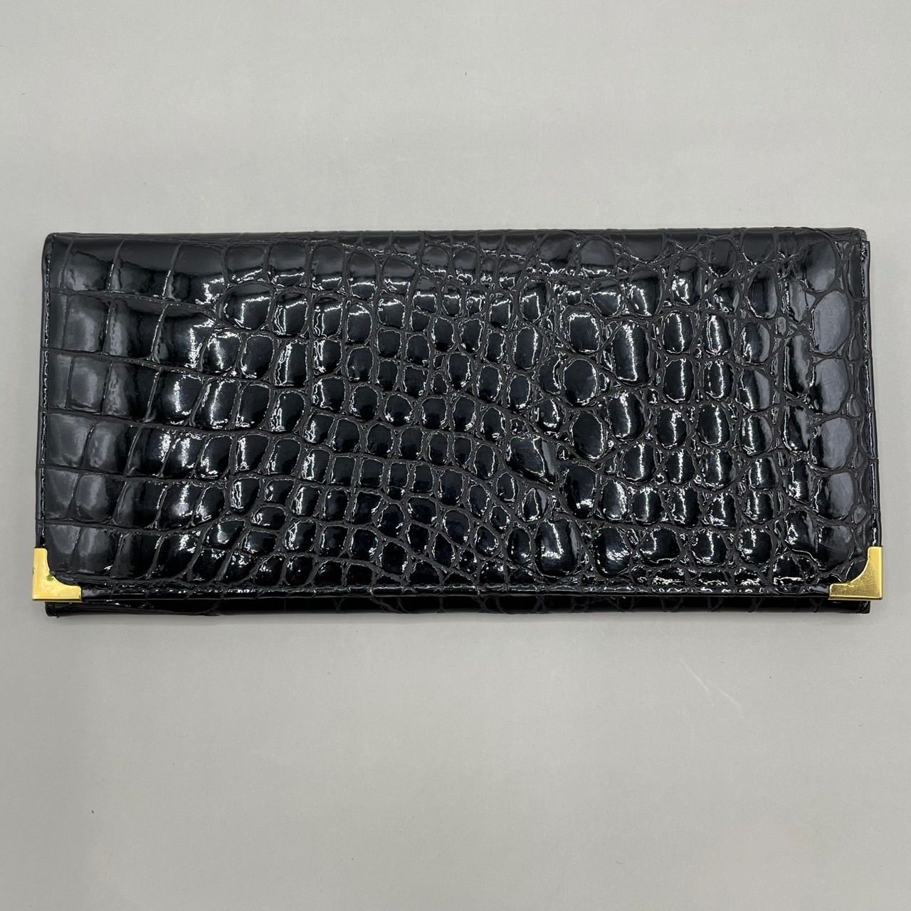 本クロコダイル、シャイニング、一枚革長財布、札入れ、ブラック 新品未使用 シャイニングクロコ 長財布 お札入れ 金金具 黒 ブラック