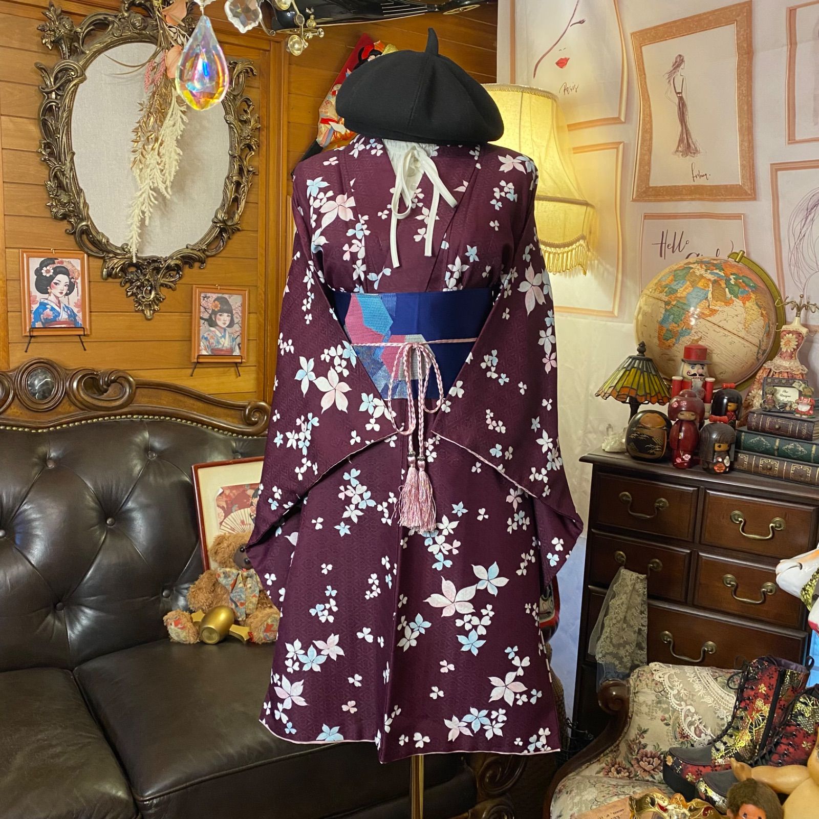 着物リメイク ミニミディワンピース ドレス 洗える 化繊 名古屋帯サッシュベルト 和洋折衷 レトロ 古着 ハンドメイド 深紅に咲く やさしさとモダン KW-1160