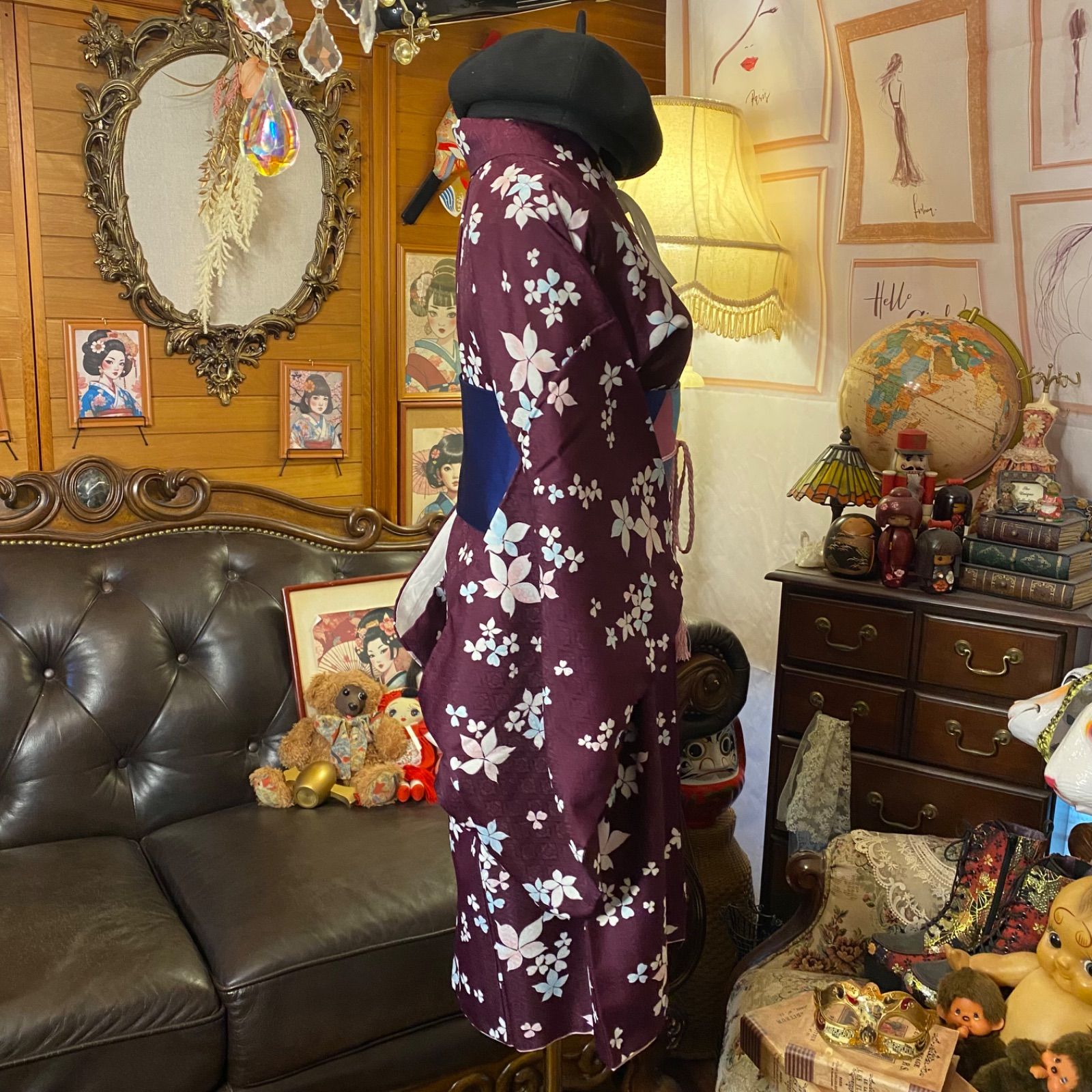  着物リメイク ミニミディワンピース ドレス 洗える 化繊 名古屋帯サッシュベルト 和洋折衷 レトロ 古着 ハンドメイド 深紅に咲く やさしさとモダン KW 1160 ワンピース チュニック ファッション