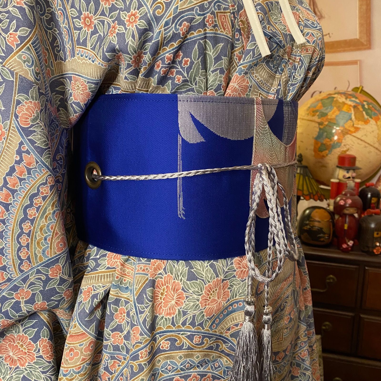  着物リメイク ロングワンピース ドレス 洗える 化繊 名古屋帯サッシュベルト 和洋折衷 レトロ 古着 ハンドメイド 異国の扇に咲く物語 KW-1061 小紋 着物