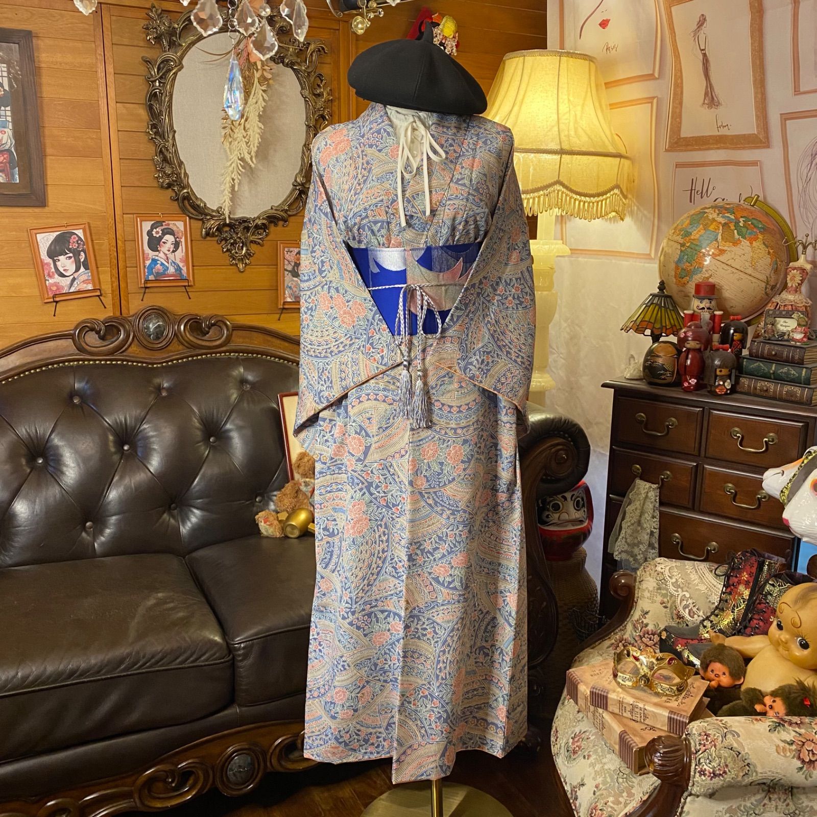 着物リメイク ロングワンピース ドレス 洗える 化繊 名古屋帯サッシュベルト 和洋折衷 レトロ 古着 ハンドメイド 異国の扇に咲く物語 KW 1061