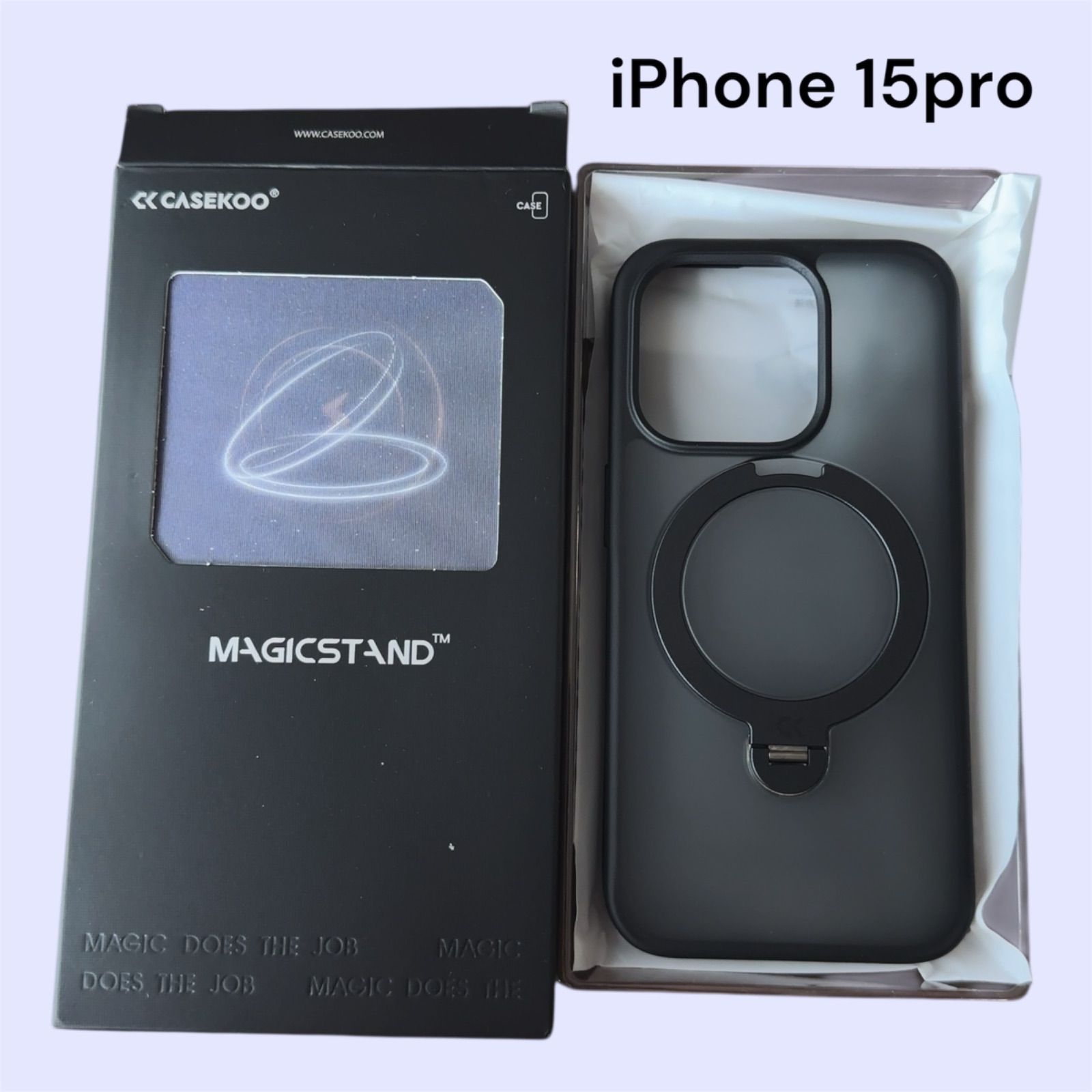 CASEKOO iPhone 15Pro用 スマホケース 定点360度回転リング 超強磁力 半透明ブラック