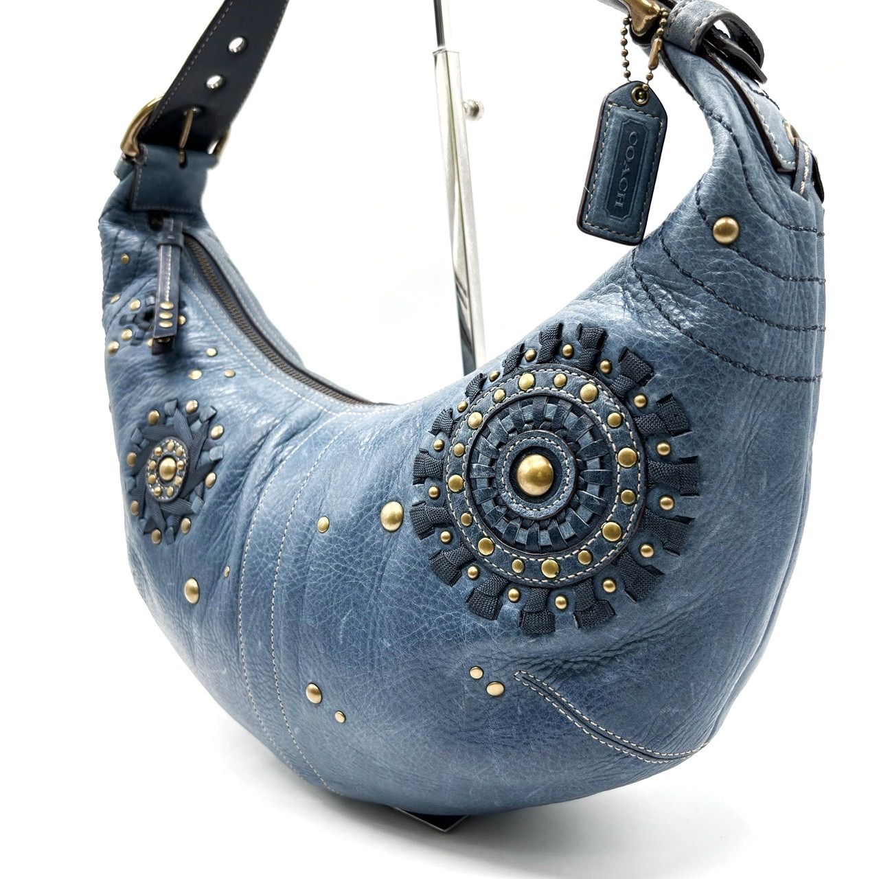 良品】 Coach Blue Leather Studs Hobo Bag コーチ ワンショルダー 