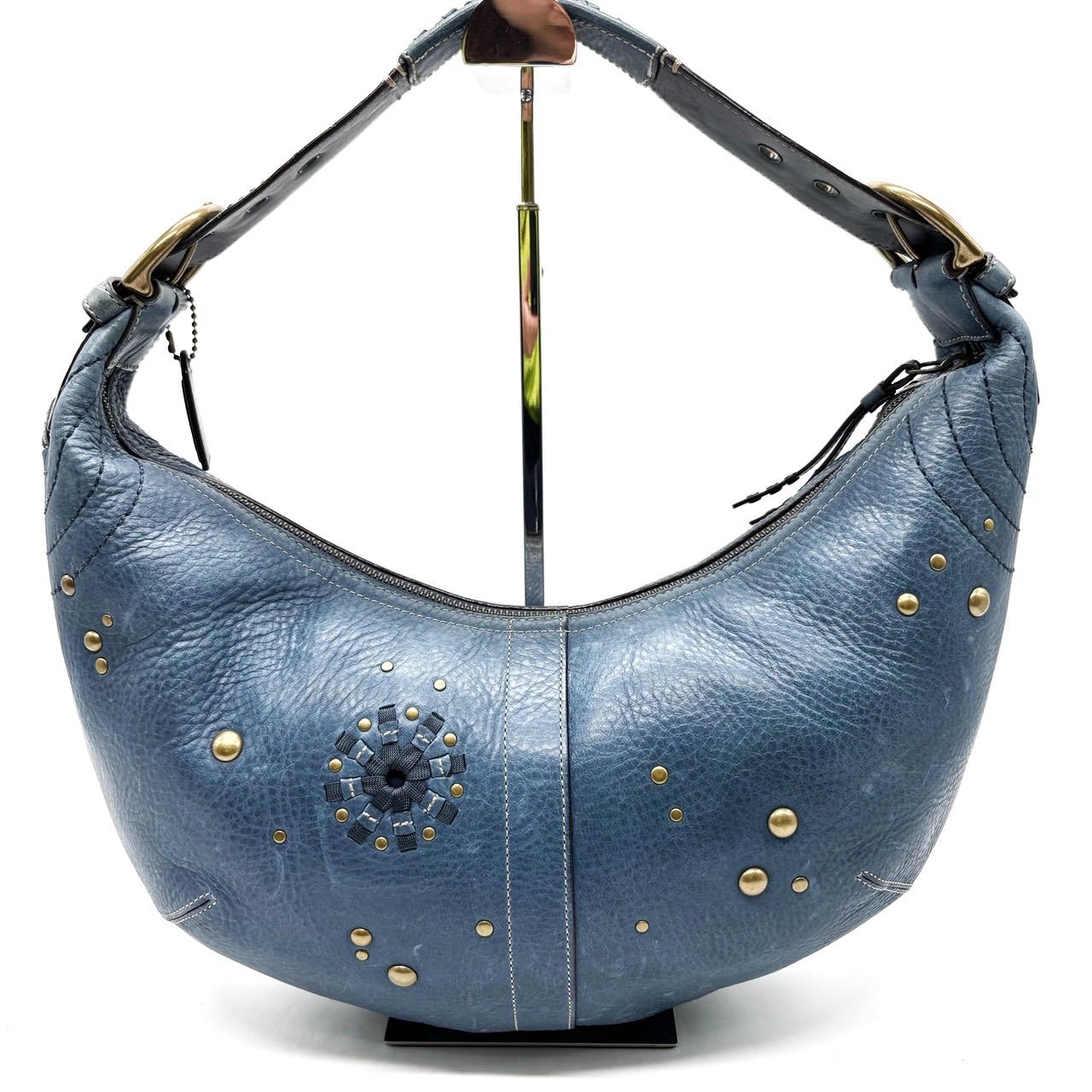 良品】 Coach Blue Leather Studs Hobo Bag コーチ ワンショルダー 