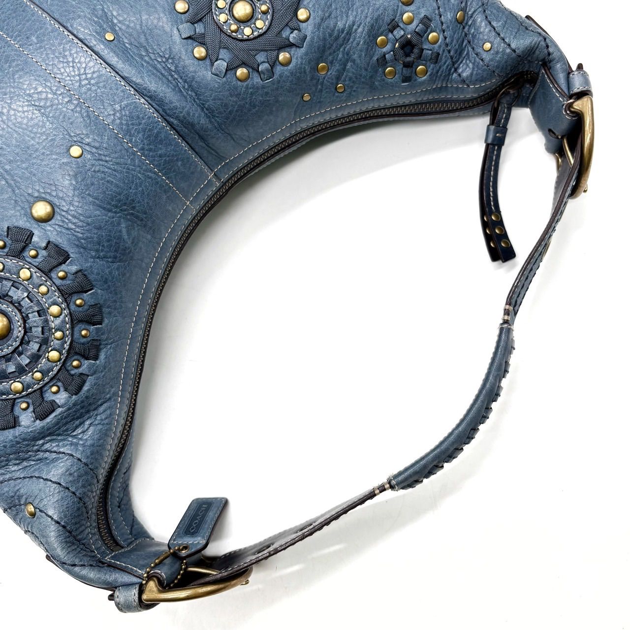良品】 Coach Blue Leather Studs Hobo Bag コーチ ワンショルダー 
