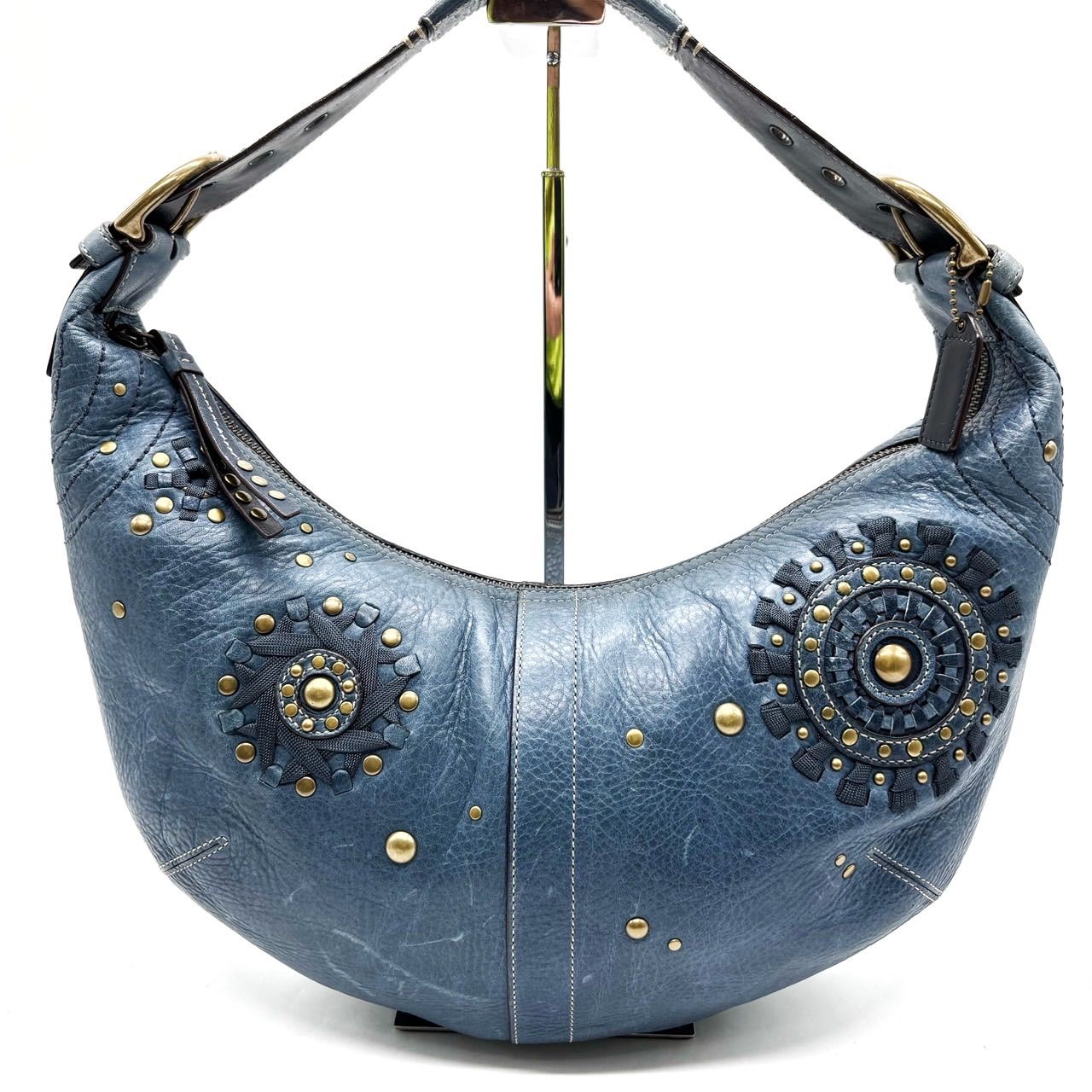 良品】 Coach Blue Leather Studs Hobo Bag コーチ ワンショルダー 
