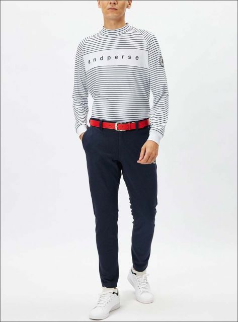 アンパスィ and per se スムース ボーダー モックネック 長袖シャツ