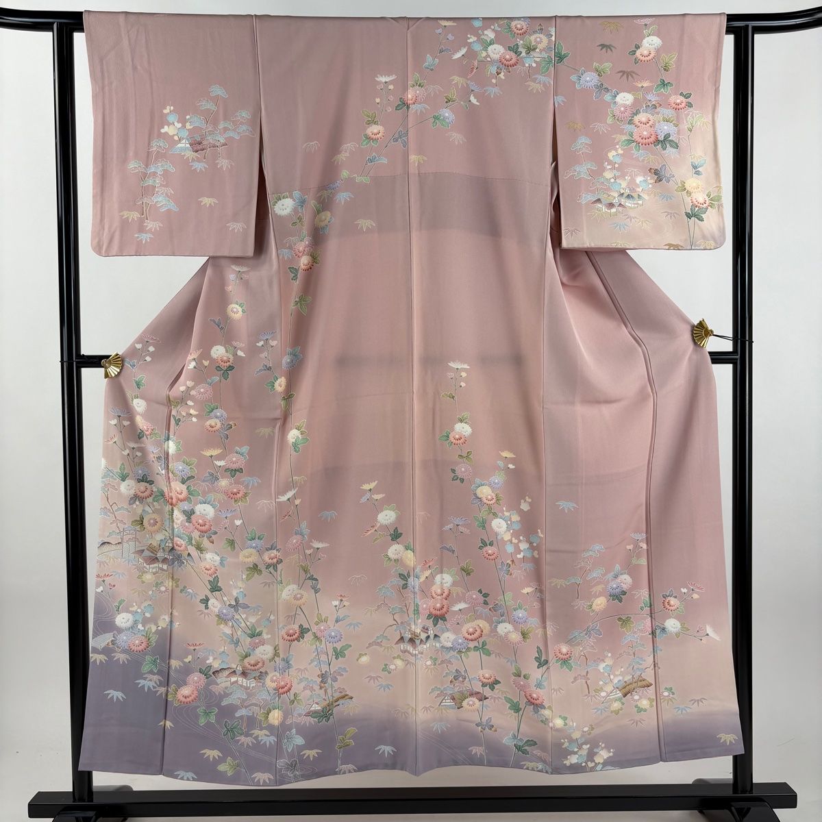 訪問着 身丈153.5cm 裄丈61cm S 袷 菊 家屋 染め分け ぼかし ピンク 正絹 名品 【】