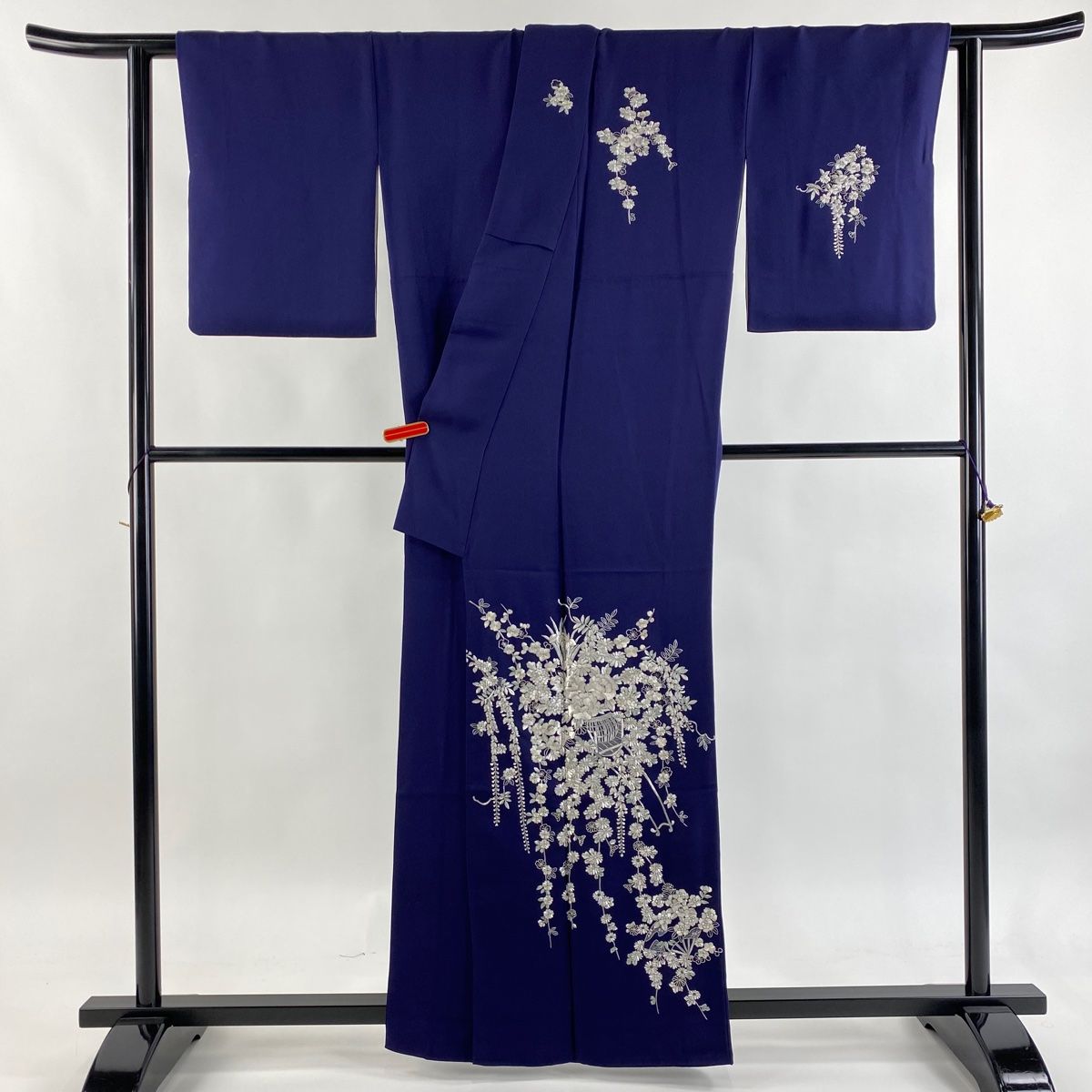 付下げ 身丈160cm 裄丈65cm M 袷 やまと 花車 花扇 刺繍 金糸 濃紺