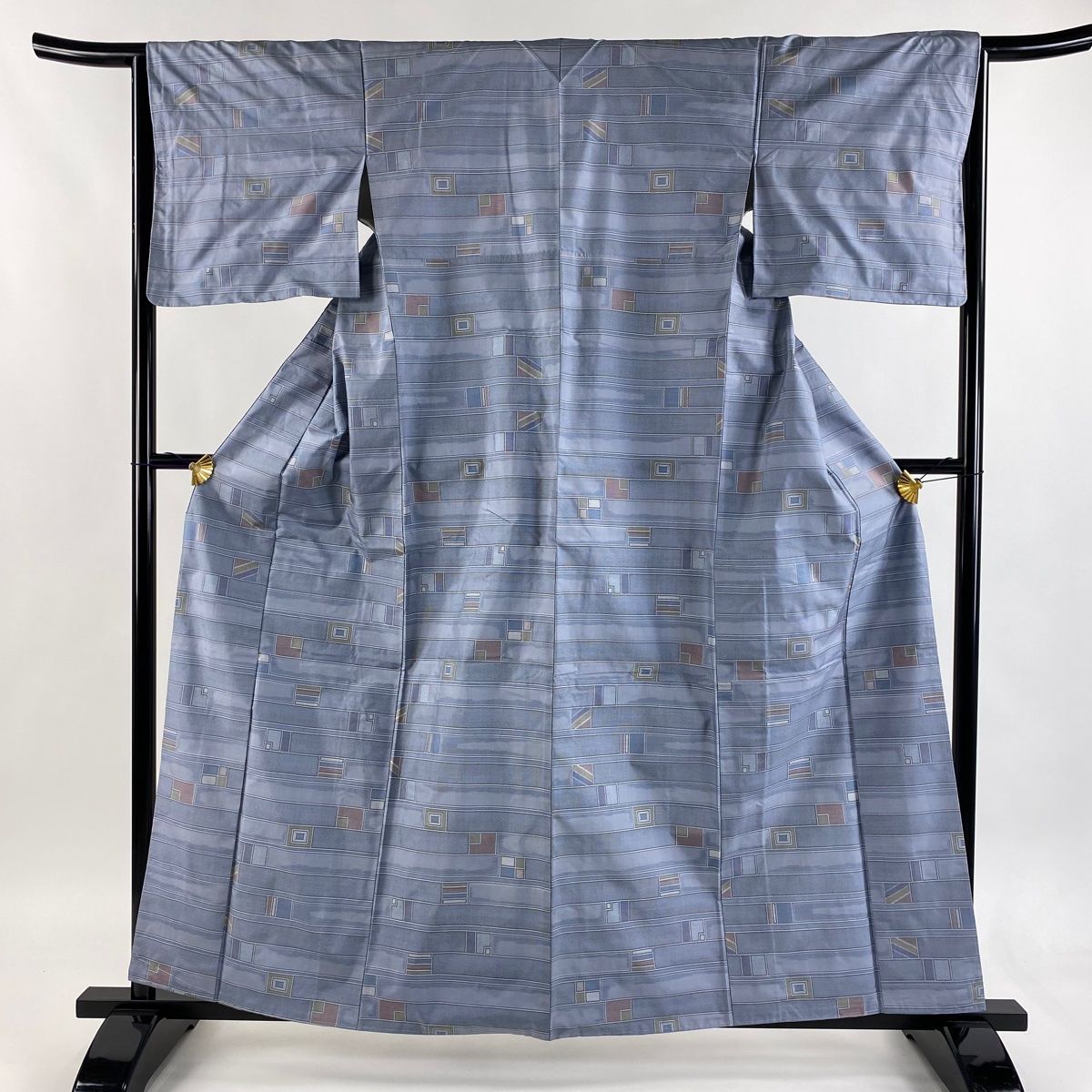 大島紬 身丈160cm 裄丈64cm M 袷 都喜ヱ門 証紙 幾何学模様 青灰色