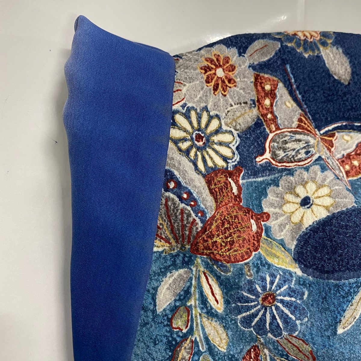 訪問着 身丈159.5cm 裄丈66cm M 袷 草花 鴛鴦 金彩 染め分け 青灰色