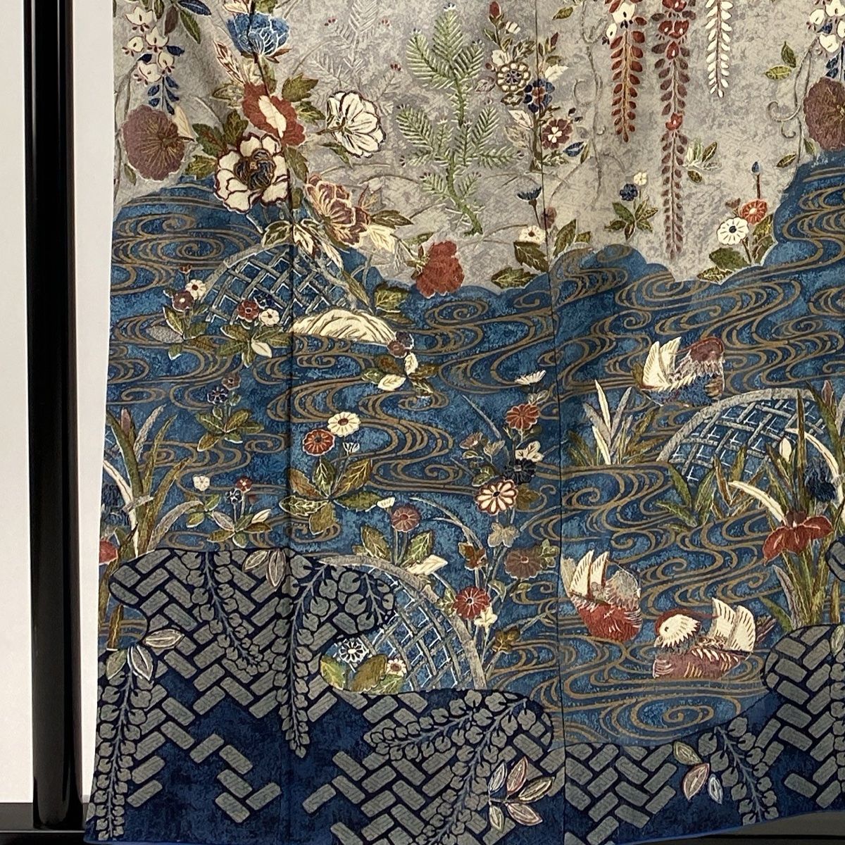 訪問着 身丈159.5cm 裄丈66cm M 袷 草花 鴛鴦 金彩 染め分け 青灰色