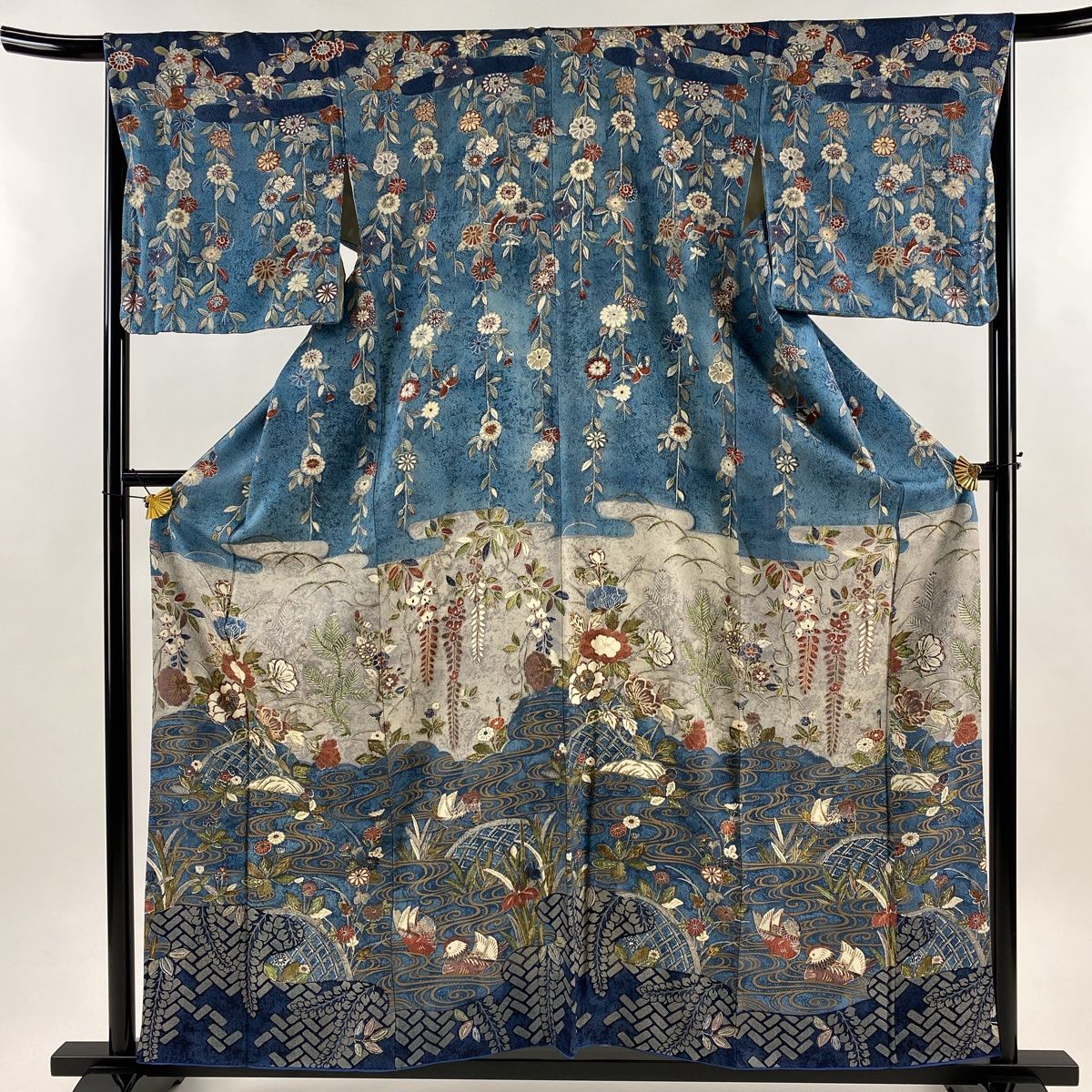 訪問着 身丈159.5cm 裄丈66cm M 袷 草花 鴛鴦 金彩 染め分け 青灰色