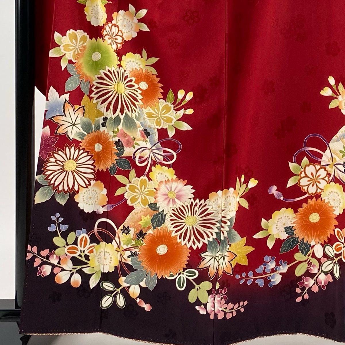 振袖 身丈162cm 裄丈70cm L 袷 袋帯フルセット 檜扇 草花 金糸 金彩 赤