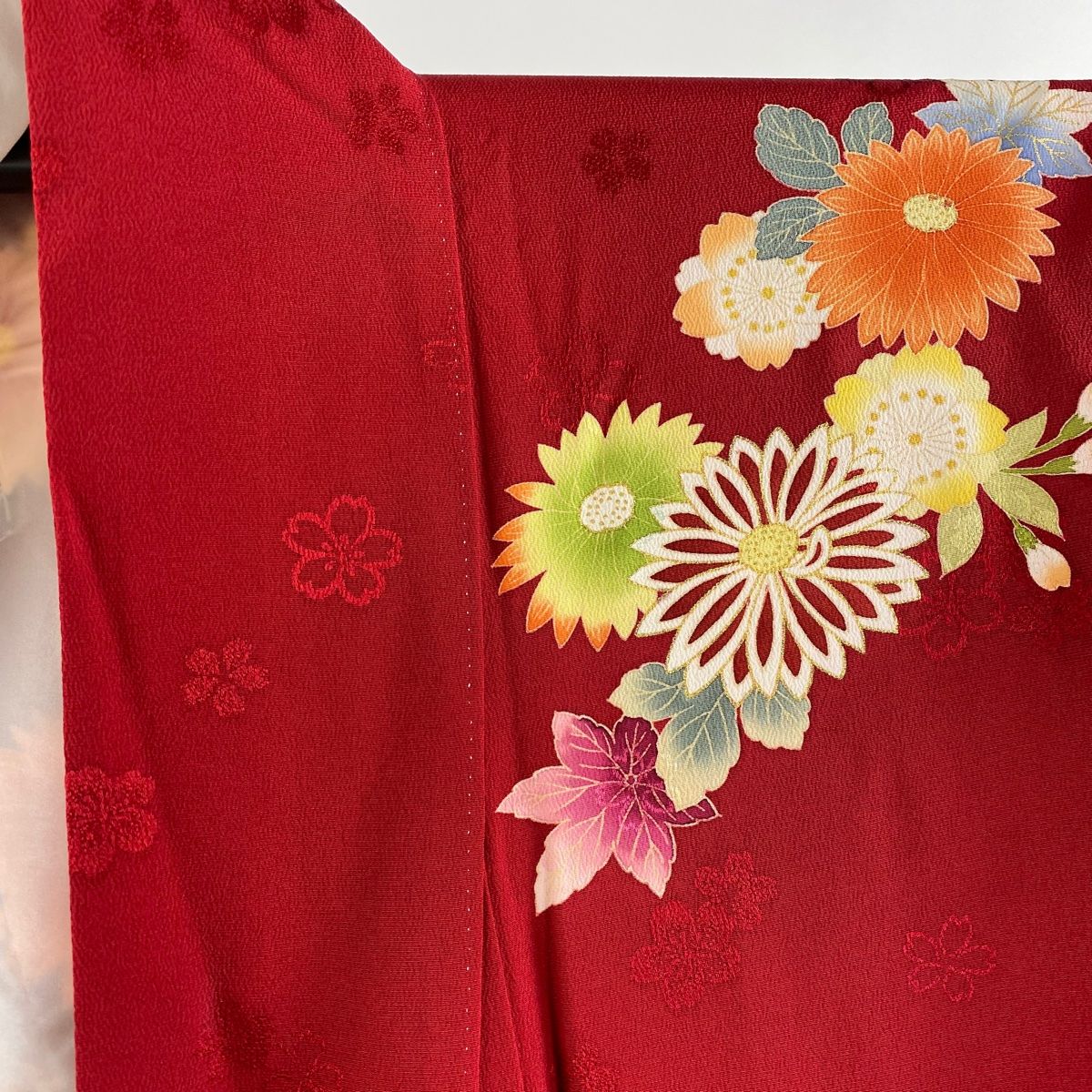 振袖 身丈162cm 裄丈70cm L 袷 袋帯フルセット 檜扇 草花 金糸 金彩 赤