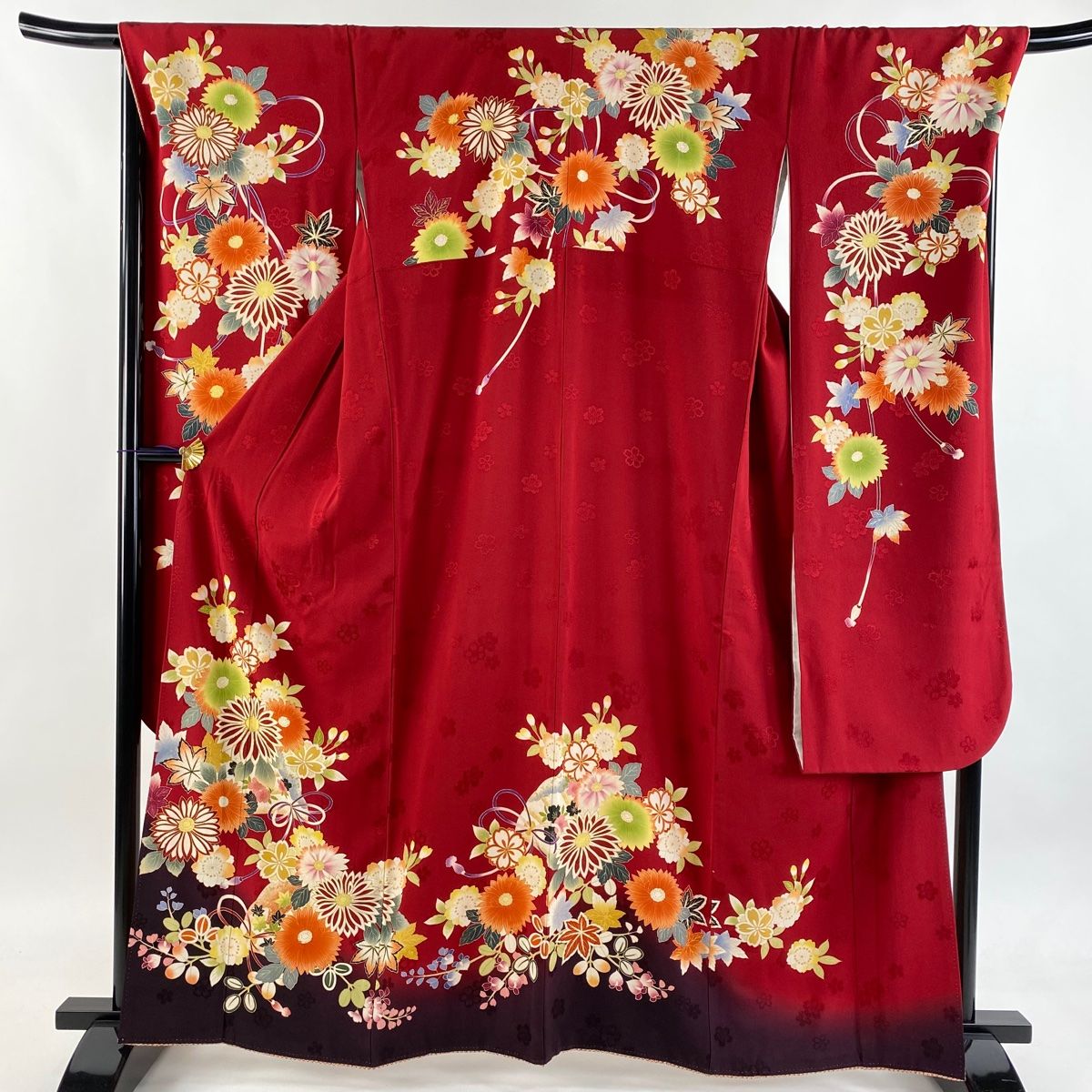 振袖 身丈162cm 裄丈70cm L 袷 袋帯フルセット 檜扇 草花 金糸 金彩 赤