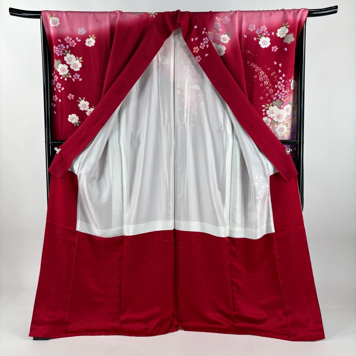 美品】 振袖 身丈171cm 裄丈69cm L 袷 菊 雪輪 箔 ぼかし 赤 正絹 秀品