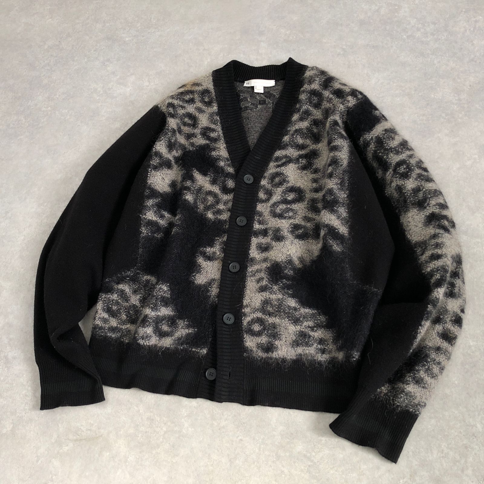 Y-3 XL モヘア混 シャギーウール ニット レオパード カーディガン